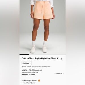 NWT lululemon cotton poplin shorts